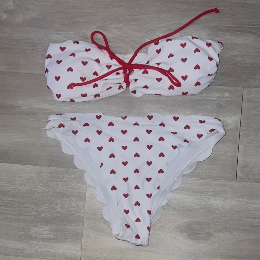 White Bikini Set with Red Heart Print